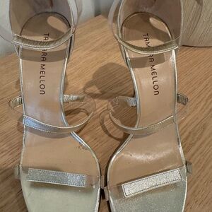 Tamara Mellon Gold Strappy Clear-Trim Heeled Sandals